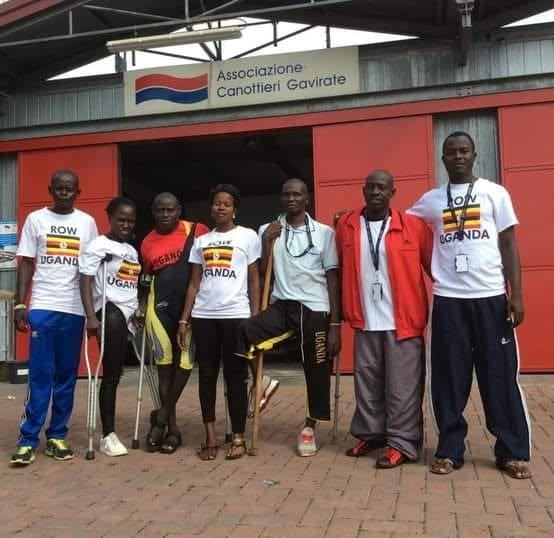 Uganda Para-Rowing Federation team members pose together at a rowing club during an international exchange.