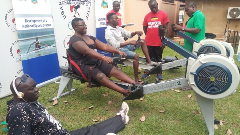 Athletes training together on ergometers as part of the federation's indoor programme.